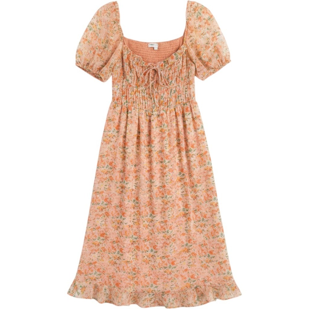 ASTR The Label Floral Maxi Dress Peach XL Cottagecore Boho Smocked Puff Sleeve